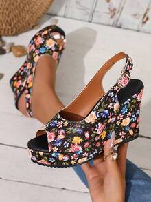 Plus Size Women's New Ditsy Floral Platform Open Toe Buckle Wedge Sandals, Fashion High Heel Chunky Shoes - Black - View 4