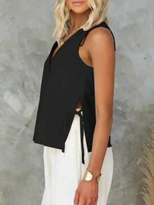 Women's Solid Color Single-Breasted V-Neck Tie Side Top Shirt - Black - View 3