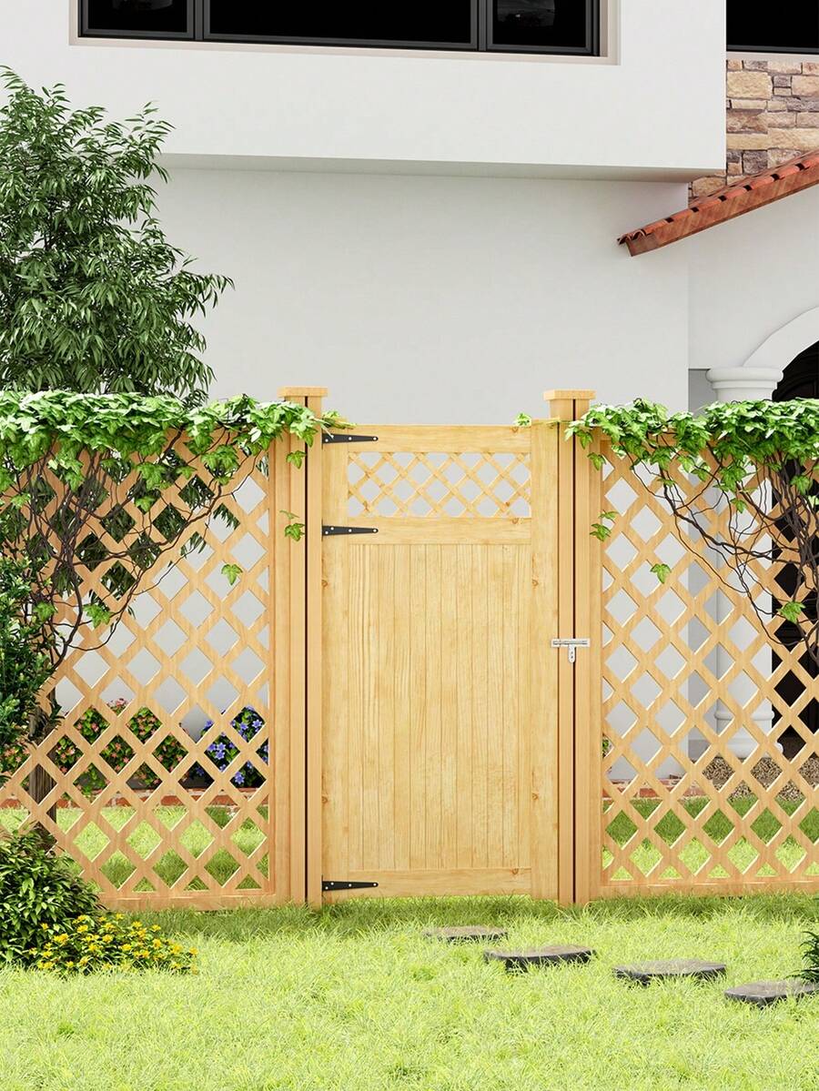 LIVINGANDHOME Living And Home Diyspace Premium Rhombus Wooden Garden Gate - Rustic Slatted Design With Lattice Top (90cm Wide, 4 Height Options) - Natural 90cm W X 2.3cm D X 180cm H - View 1