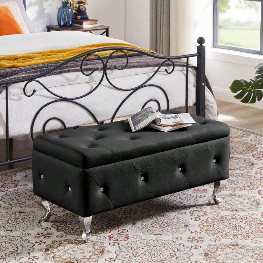 Banco de almacenamiento con tapa abatible para entrada, asiento con bisagra de seguridad, baúl de almacenamiento con asiento acolchado, taburete para pie de cama para pasillo, sala de estar y dormitorio, soporta hasta 250 libras, PU - como en la foto - Ver 1