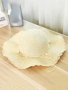 Sombrero de paja con ala ondulada, sombrero de sol de verano de moda con lazo decorativo, ala ancha para playa y vacaciones, para mujer