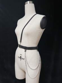 Women's Minimalist Fashion Chain-Style Body Belt, Large Circle Decor Goth Waist Belt, Adjustable Black PU Leather Punk Belt, Fashion Accessory, Feminine Style Clothing Matching - Black - View 5