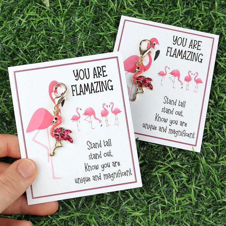 1 件/2 件/3 件/5 件/6 件/12 件“你真棒”贺卡，优雅的水钻火烈鸟钥匙扣，生日、派对、周年纪念、毕业典礼、节日和婚礼的贴心礼物，附赠励志卡片，适合家人和朋友聚会，创意设计，迷人的插图，火烈鸟礼物万圣节配饰教师节包配件挂绳带身份证夹汽车配件包饰