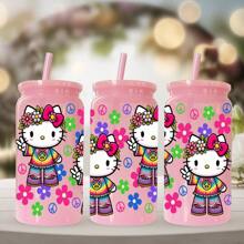 Sanrio 1 pieza Botella de agua de plástico rosa de 16 oz con estampado de Hello Kitty de Sanrio, adecuado para café, bebidas, cerveza, leche, jugo, un gran regalo de hidratación de verano para ella (con pajita reutilizable)