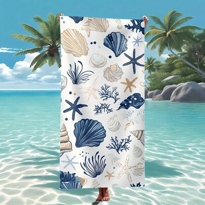 منشفة شاطئ ناعمة جدًا وذات ألياف دقيقة مطبوعة بنجوم البحر والشعاب المرجانية - خالية من الرمال، سريعة الجفاف، مثالية للسفر والتخييم وعطلات الشاطئ