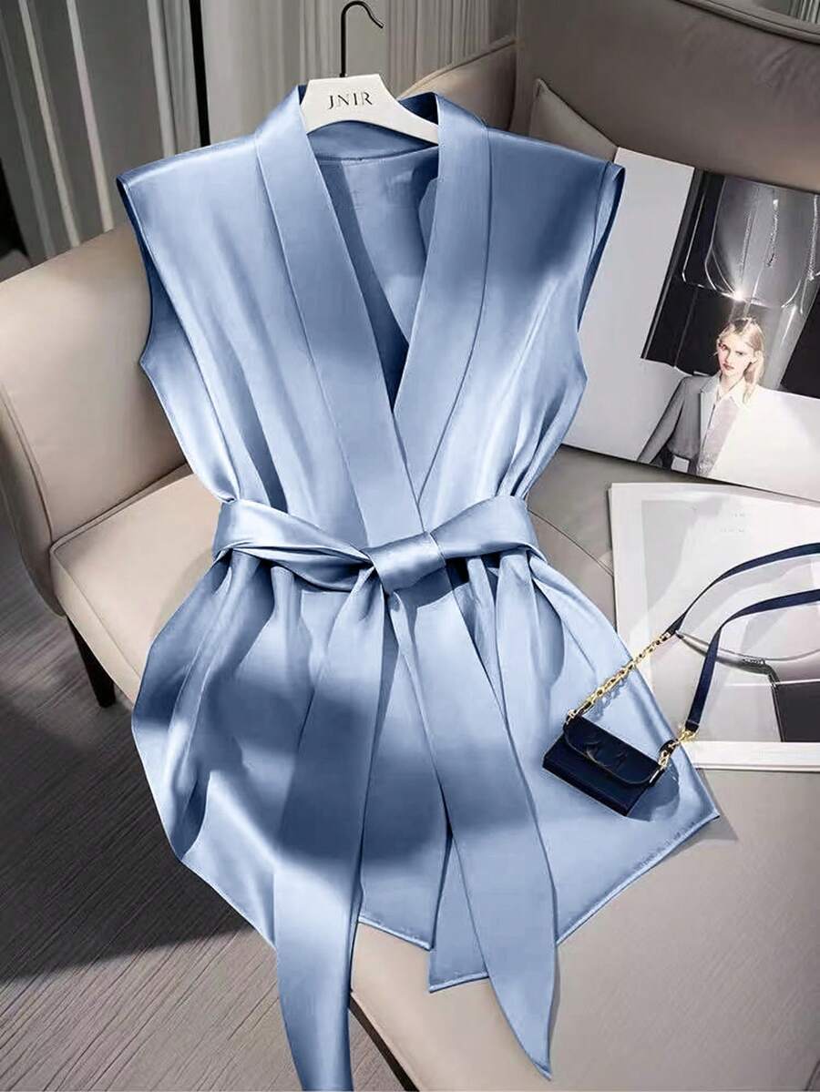 Áo khoác mỏng ôm eo bằng satin dành cho nữ, kiểu dáng thanh lịch và thời trang mùa xuân. - Màu xanh bột - Xem 1