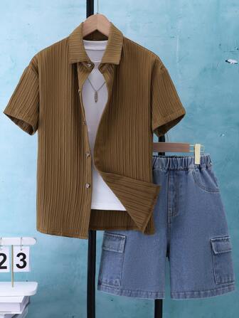 Set de 2 piezas de camisa de rayas de onda sólida informal y pantalones cortos de carga de mezclilla para niños preadolescentes, para verano