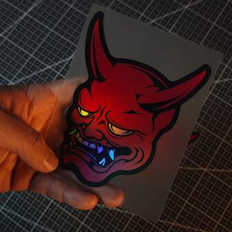 1pc Laser Holographic Evil Mask Sticker - Hannya Demonic Masked Noh Theater Horror Japanese JDM Style Decal For Car, Motorcycle, Laptop