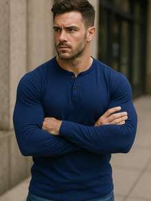Men's Henley T-Shirt Premium Long Sleeve Slim Fit Cotton With Elastane - 藍色 - 查看 2
