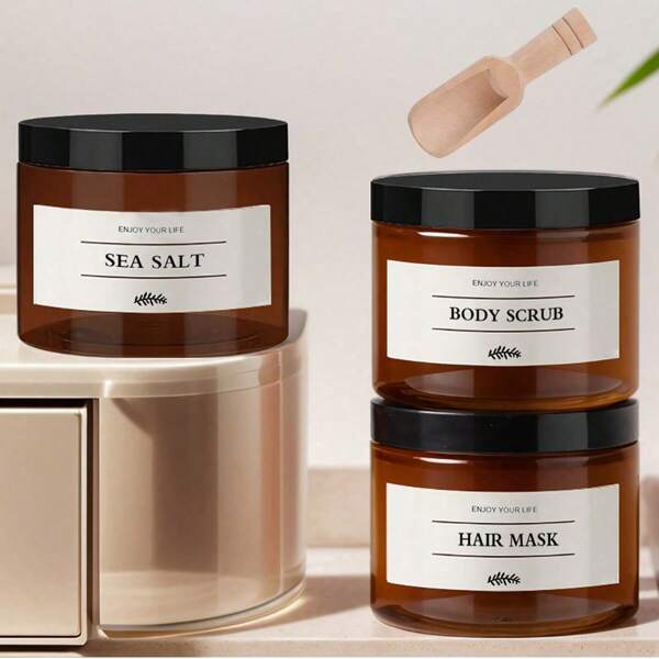 3pcs Bath Salt Storage Container Reusable Amber Hair Mask Sea Salt Body Scrub Dispenser Box Bathroom Shower Salt Case With Waterproof Labels Home Bathroom Decor Fall Decor Back To School