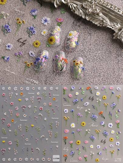 2 Sheets Spring And Summer Wedding Small Flower Embossed Nail Art Stickers, Summer Small Flower Embossed Nail Art Decals, 5D Adhesive Back Nail Art Self-Adhesive Decorative Accessories For Acrylic Nails, Ladies And Girls Nail Art Supplies, Holiday Gifts