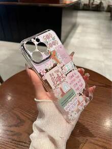 Pink Slogan Element Fashion Shockproof 1pc Transparent Perforated Pink Patchwork Letter Painted Thick Shockproof Phone Case/Cover Compatible With IPhone/ Galaxy Smartphones International Version Not The Domestic Version Spring Gift Easter Cases - Multicolor - View 5
