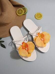 时尚 3D 花朵装饰休闲优雅凉鞋，涤纶花朵装饰甜美女性舒适平底沙滩婚礼派对办公室家居户外服装，夏季 - 橘色 - 查看 7