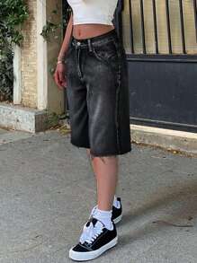 Short en jean à taille mi-haute, déchiré, ourlet brut, large jambe, bermuda, longueur genou "jorts" avec poches, style Y2K de la rue