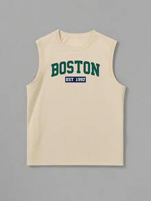 男士印花休闲背心，简约时尚，适合日常穿着 - 杏色 - 查看 4