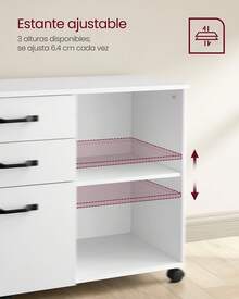 VASAGLE Armario Archivador, Armario de Archivos, Archivador Móvil con 3 Cajones, Compartimentos Abiertos, Blanco con Veta de Madera - Blanco - Ver 5
