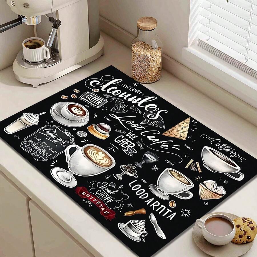 1pc Coffee Pattern Coffee Machine Tableware Drying Mat - Diatomite Print Draining Mat, Kitchen Countertop Mat, Kitchen Utensil Mat - Dish Mat, Soft Diatomite Suitable For Kitchen Counters, Fit For Coffee Maker & Espresso Machine - White - View 1