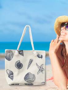 Fashionable Large Capacity Tote Bag With Shell & Starfish Pattern,Equipped With A Beach Straw Hat, Windproof And Sunshade, Large Head Circumference, Comfortable To Wear, Large Capacity, With Handheld, Foldable, Reusable,Summer Bag,Beach Bag - Multicolor - View 2