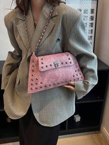 Fashion Punk Street Rivet Chain Shopping Solid Color Versatile Vintage Elegant Shoulder Tote Envelope Bag