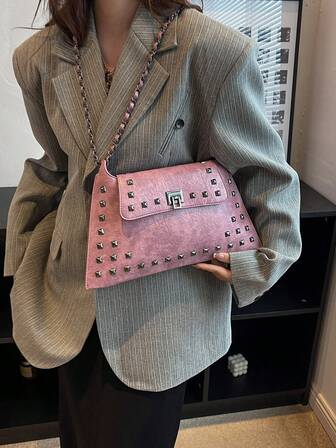 Fashion Punk Street Rivet Chain Shopping Solid Color Versatile Vintage Elegant Shoulder Tote Envelope Bag
