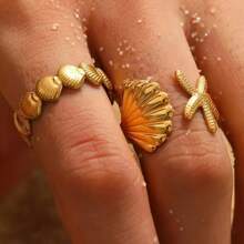 2pcs/Set Personalized Starfish & Shell 18k Gold Plated Stainless Steel Rings, Fashion Jewelry For Women Beach Resort Decoration, Gift