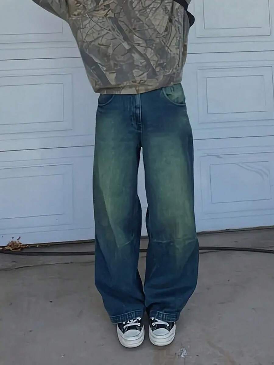 Men's Fashionable Loose Wide-Leg Jeans - Dark Green - View 1