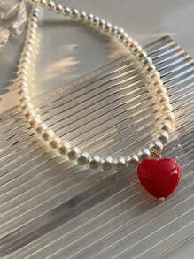 1pc Fashionable Minimalist Glass Bead Necklace With ABS Plastic Heart Charm, A Gift Or Everyday Wear