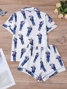 Two Piece Women's Pajama Set With Figure Print, Knitted Fabric, Short Sleeved Button Top, Matching Shorts, Pajama Set, Collar And Pocket Details, Women's Pajama, Suitable For Women's Adult Pajama Set
