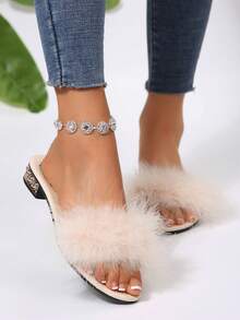 全新夏季毛茸茸坡跟凉鞋，舒适时尚的女士一脚蹬高跟凉鞋 - 米色 - 查看 7