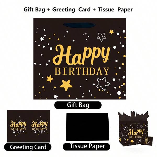 1 pieza / 4 piezas Bolsa de regalo grande de cumpleaños con papel de seda y tarjeta de felicitación Bolsas de regalo doradas y negras con asas para fiestas de cumpleaños y aniversarios, empaque avanzado para regalos