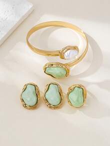 Bộ trang sức nhẫn, hoa tai và vòng tay ngọc trai bất đối xứng phong cách Bohemian 3 món, món quà lãng mạn và thanh lịch dành cho phụ nữ - H-vàng kim + xanh lá cây - Xem 4