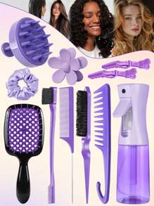 11pcs Hair Brush Set, Hair Brushes For Women Wet Dry All Hair Detangling Parting Styling, 200ml Continuous Spray Bottle, Premium Wide Tooth Comb, Scalp Massager Shampoo Brush, Brush Set With Detangler Brush, Edge Brush, Teasing Brush, Rat Tail Comb, Flower Hair Clip, 2 Alligator Hair Clips And Hair Tie