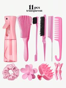 11pcs Hair Brush Set, Hair Brushes For Women Wet Dry All Hair Detangling Parting Styling, 200ml Continuous Spray Bottle, Premium Wide Tooth Comb, Scalp Massager Shampoo Brush, Brush Set With Detangler Brush, Edge Brush, Teasing Brush, Rat Tail Comb, Flower Hair Clip, 2 Alligator Hair Clips And Hair Tie