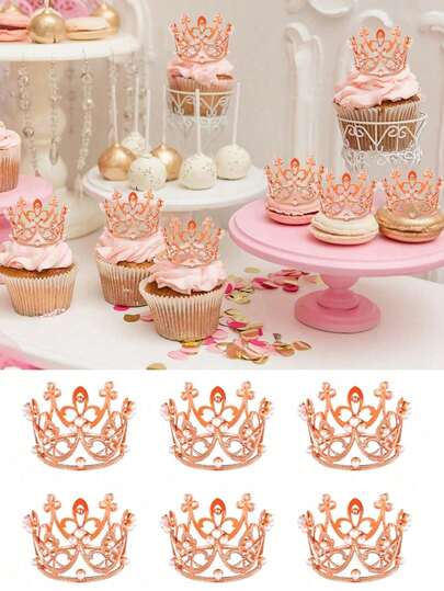 6/8/10/12 件迷你珍珠串珠皇冠形蛋糕装饰，非常适合生日派对装饰、情人节