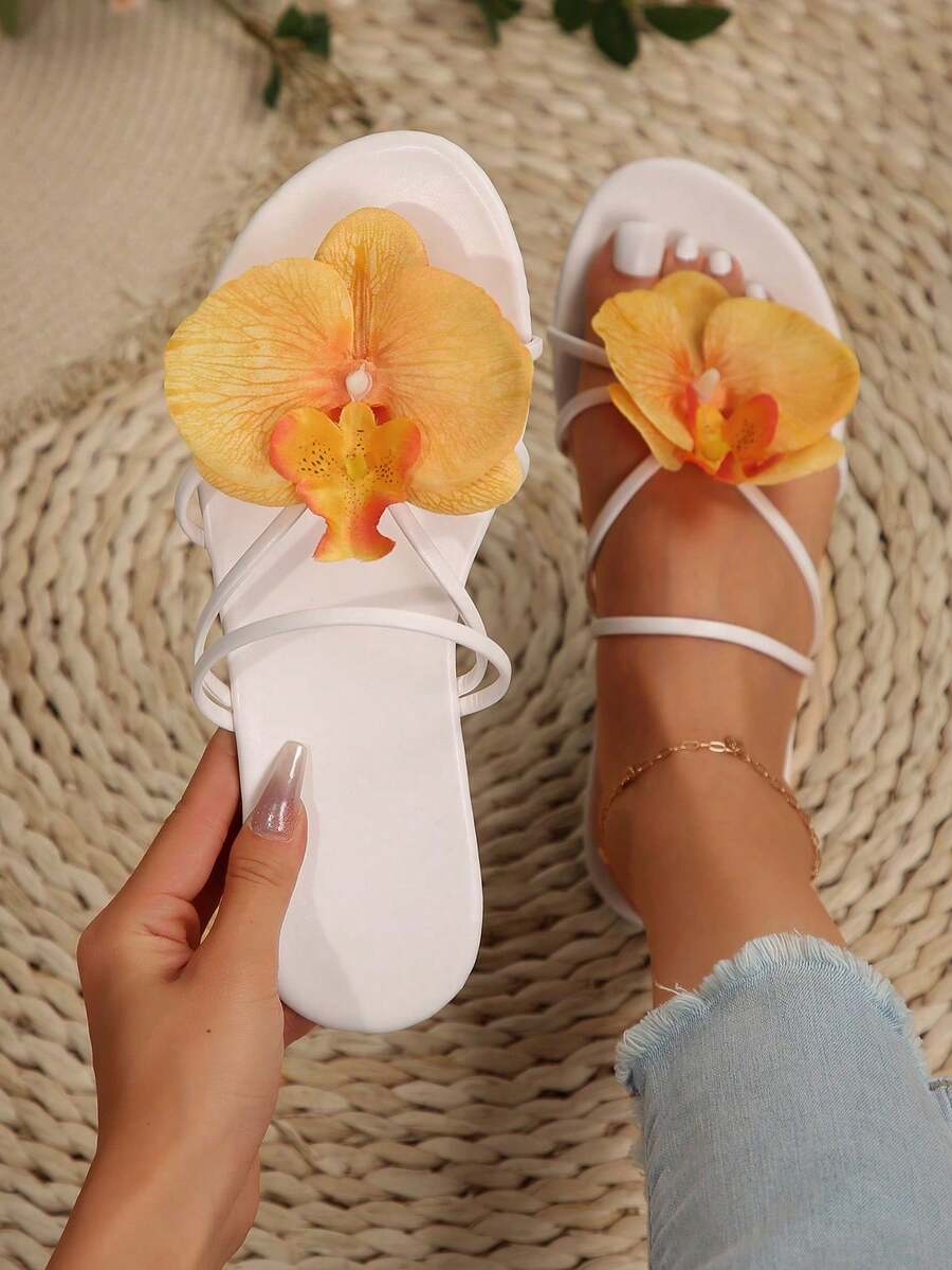 时尚 3D 花朵装饰休闲优雅凉鞋，涤纶花朵装饰甜美女性舒适平底沙滩婚礼派对办公室家居户外服装，夏季