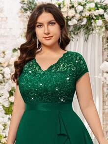 Mono de encaje con lentejuelas y cuello en V de talla grande con volante en el bajo y abertura alta en el muslo, vestido maxi de gasa elegante para invitados de boda, cumpleaños, graduación, regreso a casa y otras ocasiones - Verde Oscuro - Ver 7