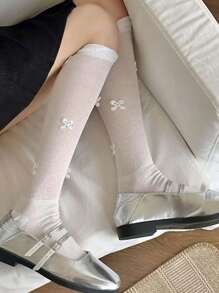 1 par de calcetines/medias altos de punto y encaje con diseño de lazo, cordones cruzados y costillas, ideal para primavera/otoño