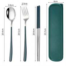 不锈钢便携式餐具套装 - 勺子、叉子、筷子、学校用品 - 彩色 - 查看 3
