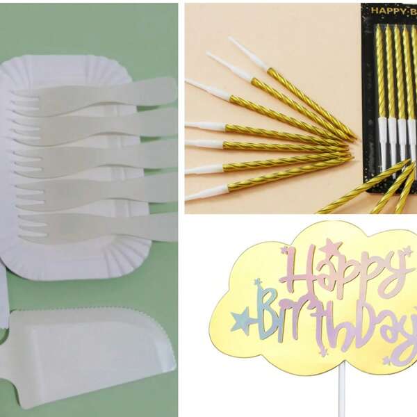 11pcs Birthday Cake Plate Knife And Fork Plate Tableware Set Paper Plate Picnic Cake Baking Plates, 10pcs Twist Party Cake Baking Decoration Smokeless Birthday Candles, 5pcs Cake Decor Flags Colorful Cloud Gold Letter Birthday Cake Toppers Party Decor Miniature Inserts
