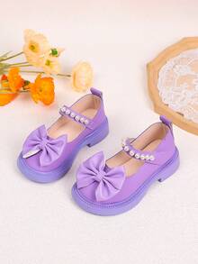 新款秋季儿童女童皮鞋，蝴蝶结公主休闲乐福鞋 - 紫色 - 查看 4