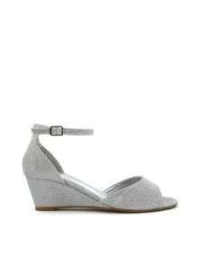 XY LONDON Lottie Peeptoe Mid Wedge Heel Sandals  Plain  Glamorous  Cool  Fashionable  Cute  Gorgeous  Party  Cute  Elegant  Casual  Pu      Mid Heel  Party  Spring Summer - Silver - View 4