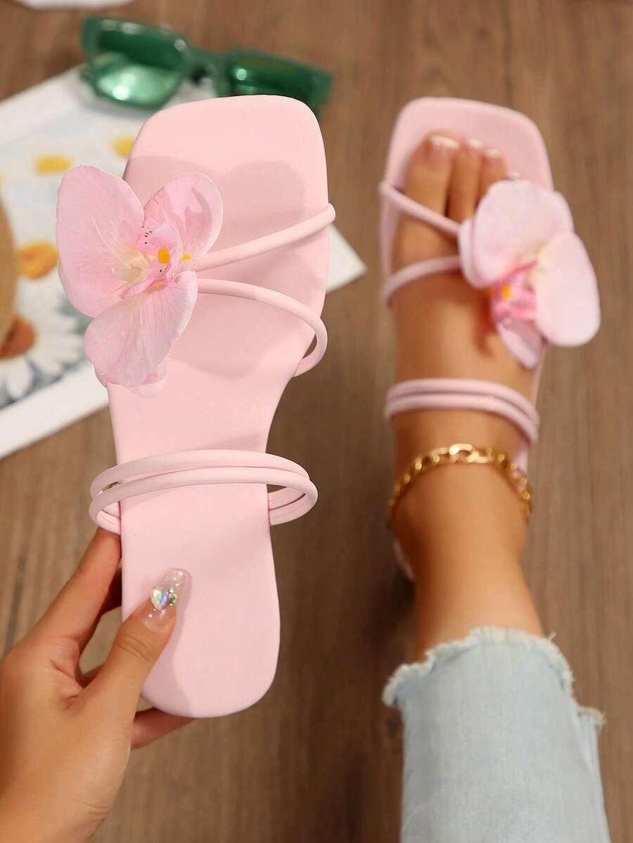 法式風格 3D 花卉裝飾 優雅度假休閒可愛仙女通勤派對貼花裸色 3D 花卉裝飾 女款清新溫柔甜美風平底涼鞋 沙灘婚禮派對辦公室居家戶外夏季