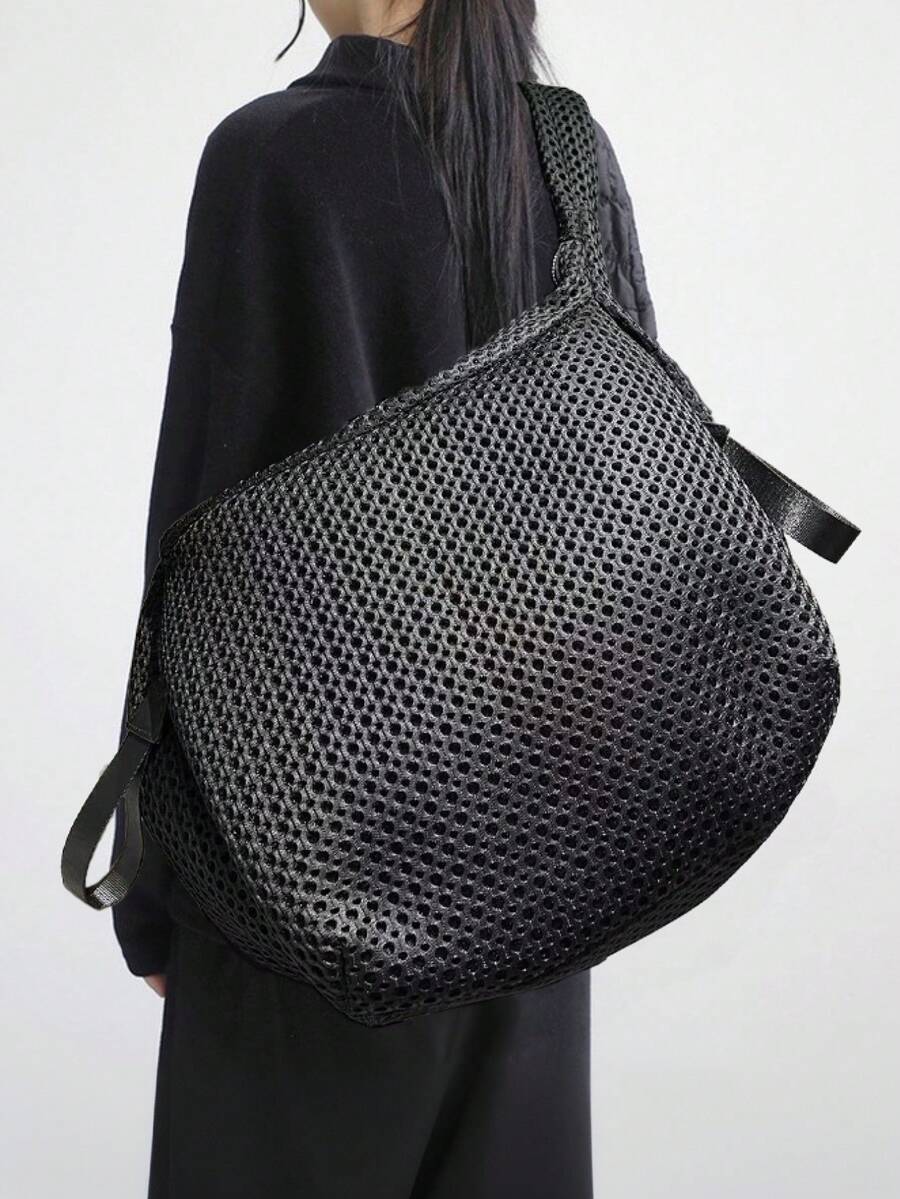 1pc Fashion Nylon Shoulder Bag For Women, Large Capacity Solid Color Crossbody With Fixed Straps, Foldable Design, Zipper Closure, Polyester Lined, Thickened Casual Tote - Black - View 1