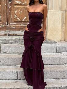 Women's Asymmetric Patchwork See-Through Cropped Tube Bodysuit With Ruffled Hem, Fitted Maxi Skirt, 2pcs Vacation Beach Outfit - Red Violet - View 5