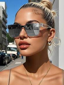 1 Pair Korean Big Frame One-Piece Lens Casual Retro Fashion Sunglasses, Suitable For Street Style, Travel, Sports, Driving, Festivals, Outings, Summer Accessories, Vacations, UV Protection, Golf, Hiking, Elegant Dress-Up, Outdoor Activities, Fishing, Holidays, Sun Protection For Summer Beach Vacation,Outdoor,Travel - 彩色 - 查看 5