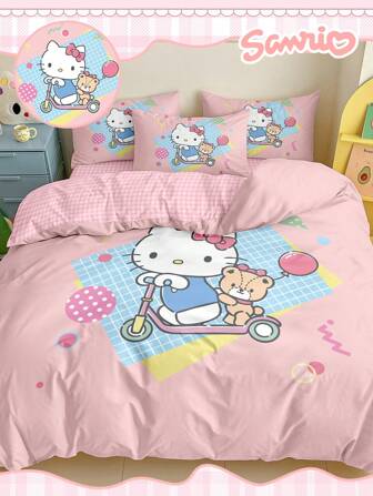 Sanrio 2/3-teiliges Sanrio Hello Kitty Bettbezug-Set, Sanrio Bettwäsche, kuschelig und atmungsaktiv, hautfreundlich und bequem, Cartoon-Stil Bettbezug-Set, weich und unverfilzbar, niedliche Heimtextilien, Bettbezug und Kissenbezüge, ohne Steppdecke, passend für Einzelbetten, Doppelbetten, Kingsize- und Queensize-Betten, geeignet für alle Jahreszeiten, schickes, niedliches dekoratives Bettbezug-Set für Schlafzimmer und Studentenwohnheim, waschmaschinen-geeignet, Schulanfang