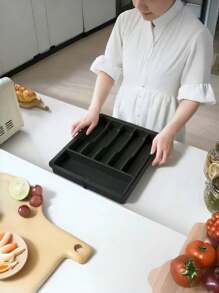 1 organizer per cucina e cassetti bianco/nero/grigio, vassoio portaposate allungabile da cucina, scatola portaposate e portaposate, scatola di immagazzinaggio in plastica regolabile per cucchiai, forchette e posate, grande regalo per le vacanze
