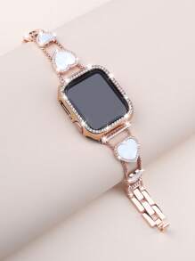 Ensemble combo de bracelet et de coque, bracelet métallique scintillant en strass avec ornement en forme de cœur pour femmes, coque de protection en PC avec strass, compatible avec Série Ultra/10/9/8/7/6/5/4/3/SE, 49/46/45/44/42/41/40/38mm
