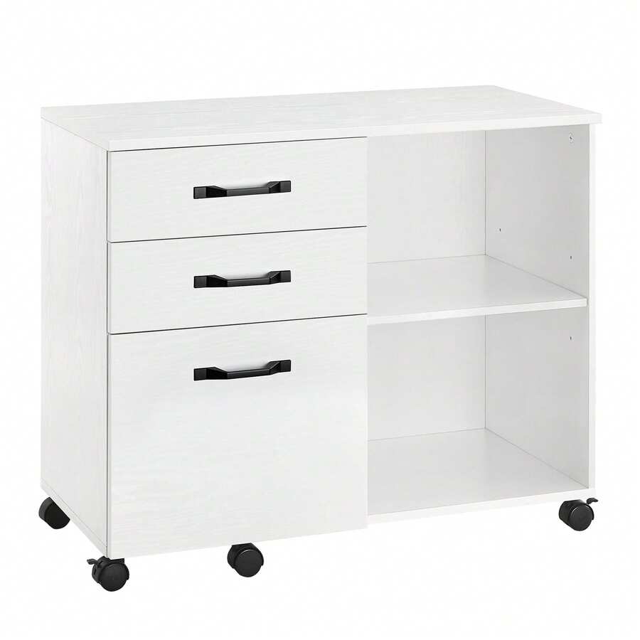 VASAGLE Armario Archivador, Armario de Archivos, Archivador Móvil con 3 Cajones, Compartimentos Abiertos, Blanco con Veta de Madera - Blanco - Ver 1