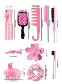 11pcs Hair Brush Set, Hair Brushes For Women Wet Dry All Hair Detangling Parting Styling, 200ml Continuous Spray Bottle, Premium Wide Tooth Comb, Scalp Massager Shampoo Brush, Brush Set With Detangler Brush, Edge Brush, Teasing Brush, Rat Tail Comb, Flower Hair Clip, 2 Alligator Hair Clips And Hair Tie